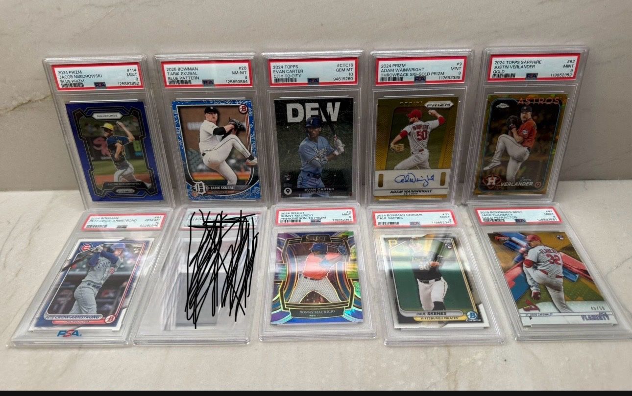 Reduced 9 PSA Graded MLB Cards Tarik Skubal 125/125, Jacob Misiorowski 85/199, Paul Skenes, Adam Wainwright Auto 5/10, PCA