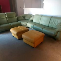 Ekornes leather Couch And Two Mustard Yellow Ottomons