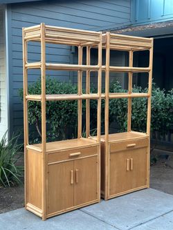 Pair 1950s Mid-Century Modern Rattan & Mahogany Etagere Cabinets (2)