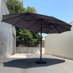 (Brand New) $130 Large 15FT Double Sided Outdoor Umbrella w/ 65 LBS Plastic Weight Base (Red/Gray)