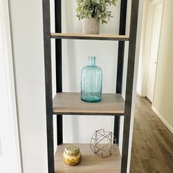 Ladder Shelf with a black metal frame and wood-look shelves, Size H 72 inch/ L19/D15 $90
