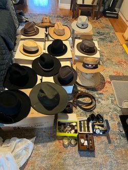 Fedora hats, Western hats, watches and belt buckles.