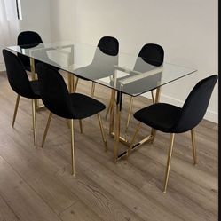 6 People Glass Dining Table Set With Black Velvet chairs