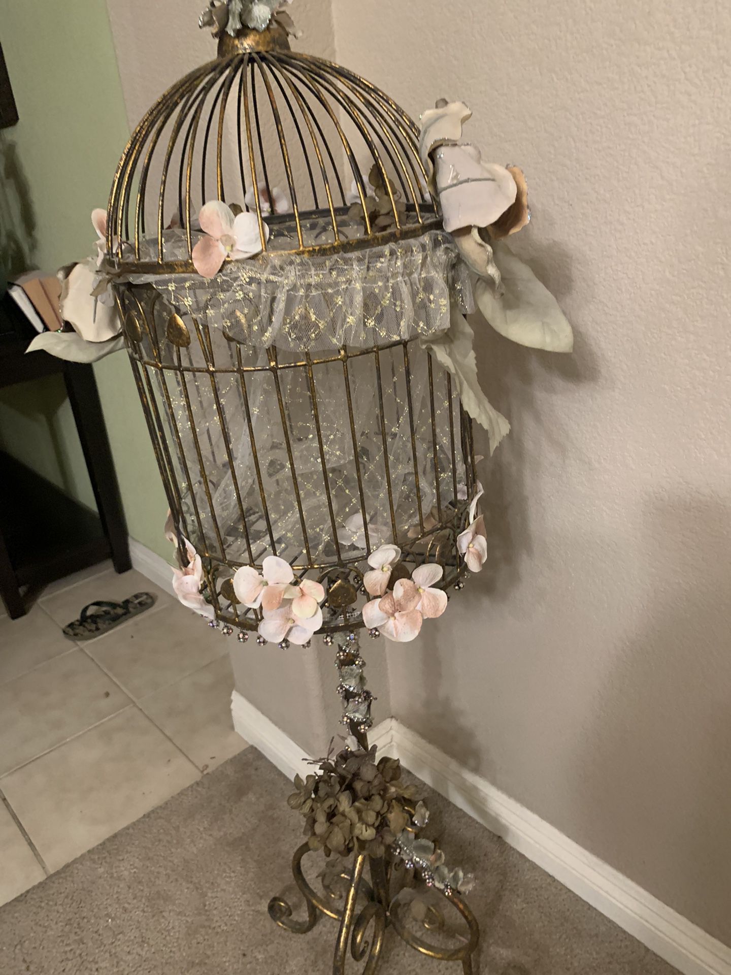 Stunning gold tree with added embellishments and dropping crystals.    Bird cage (gold) rimmed in crystal and flowers (romantic).  Mini bird cage to c