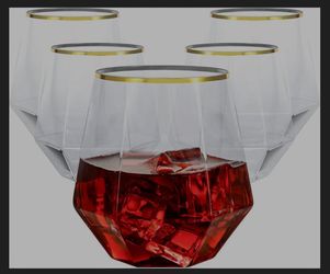 Goodluck 80PCS 12oz Diamond Stemless Plastic Wine Whiskey Glasses,Gold Rim