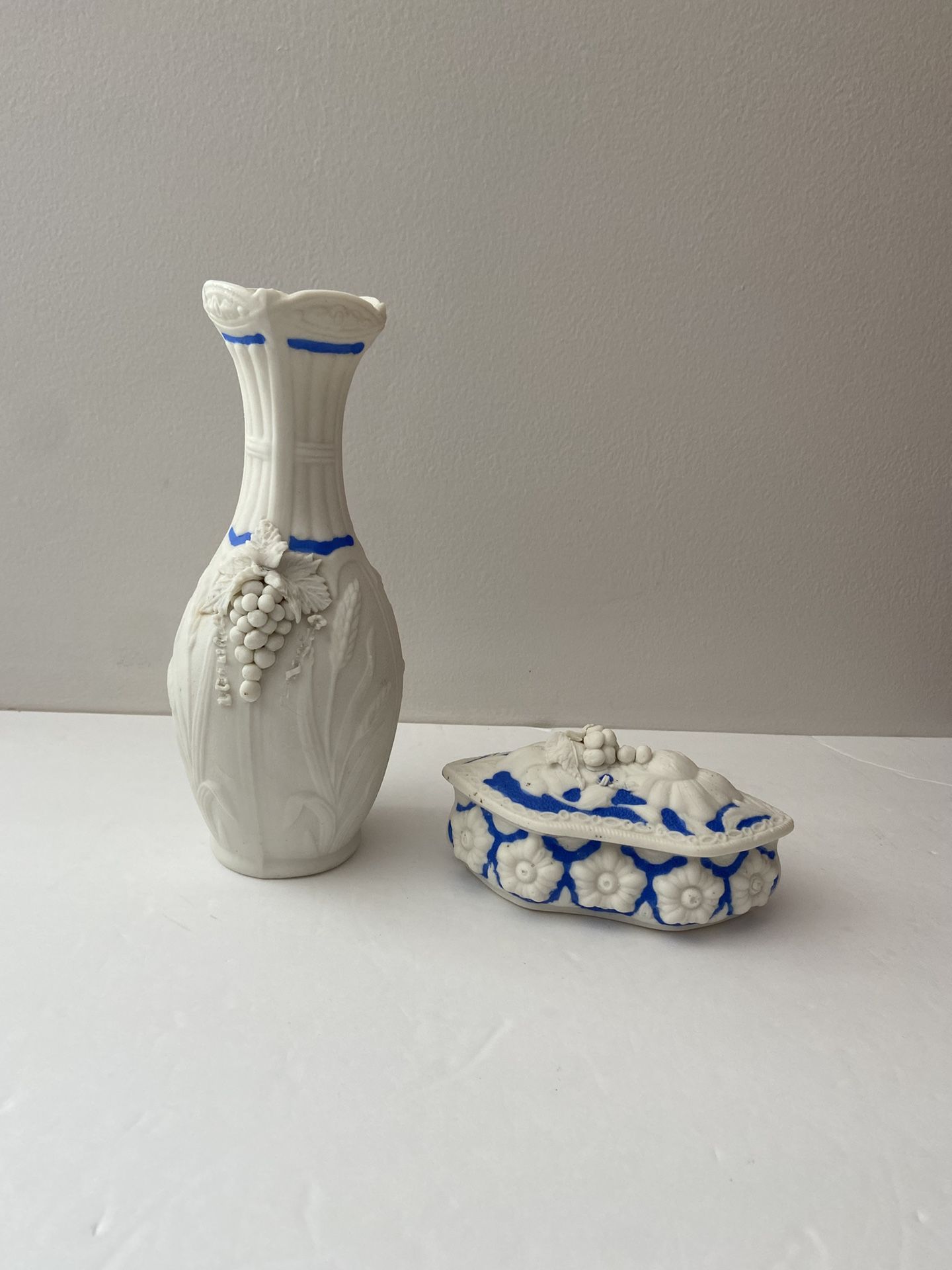 Pair Antique Bennington Parian Ware Blue Grape Motif Vase & Trinket Box