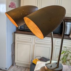 Mid Century Desk Lamp Atomic Cone Head Twin Metal Gooseneck Table vintage star Light MCM rustic patina