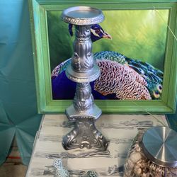 Large Silver Ceramic Candle Holder 