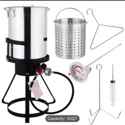 30QT Turkey Fryer with 55,000BTU Propane Stove, Aluminum Deep Fryer & Seafood Crawfish Boiler Steamer with Basket, Thermometer, Marinade Injector, Tur