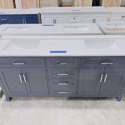 “72” Brand New Beautiful Bathroom Vanity in Gray double sink, Soft Close Solid Wood, 5 drawers and 4 doors and electrical outlets included with Marble