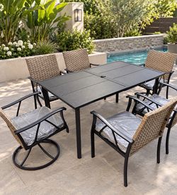 NEW! 7-Piece Metal Outdoor Dining Set with Gray Cushions, Wicker Backrest, 2-Swivel Rocker Chairs, Umbrella Hole