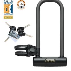 Via Velo Bike U Lock Longer | Pro U Lock 20CrMnTi Steel Anti-Theft 16mm Shackle with Bracket and Sold Secure Gold Approval for Road, Mountain, Electri