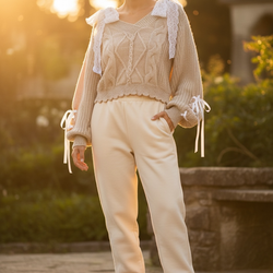 ROMWE beige cable knit cropped sweater with lace bow ribbon tie