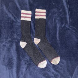 black, white, and Maroon striped mid calf thick winter socks