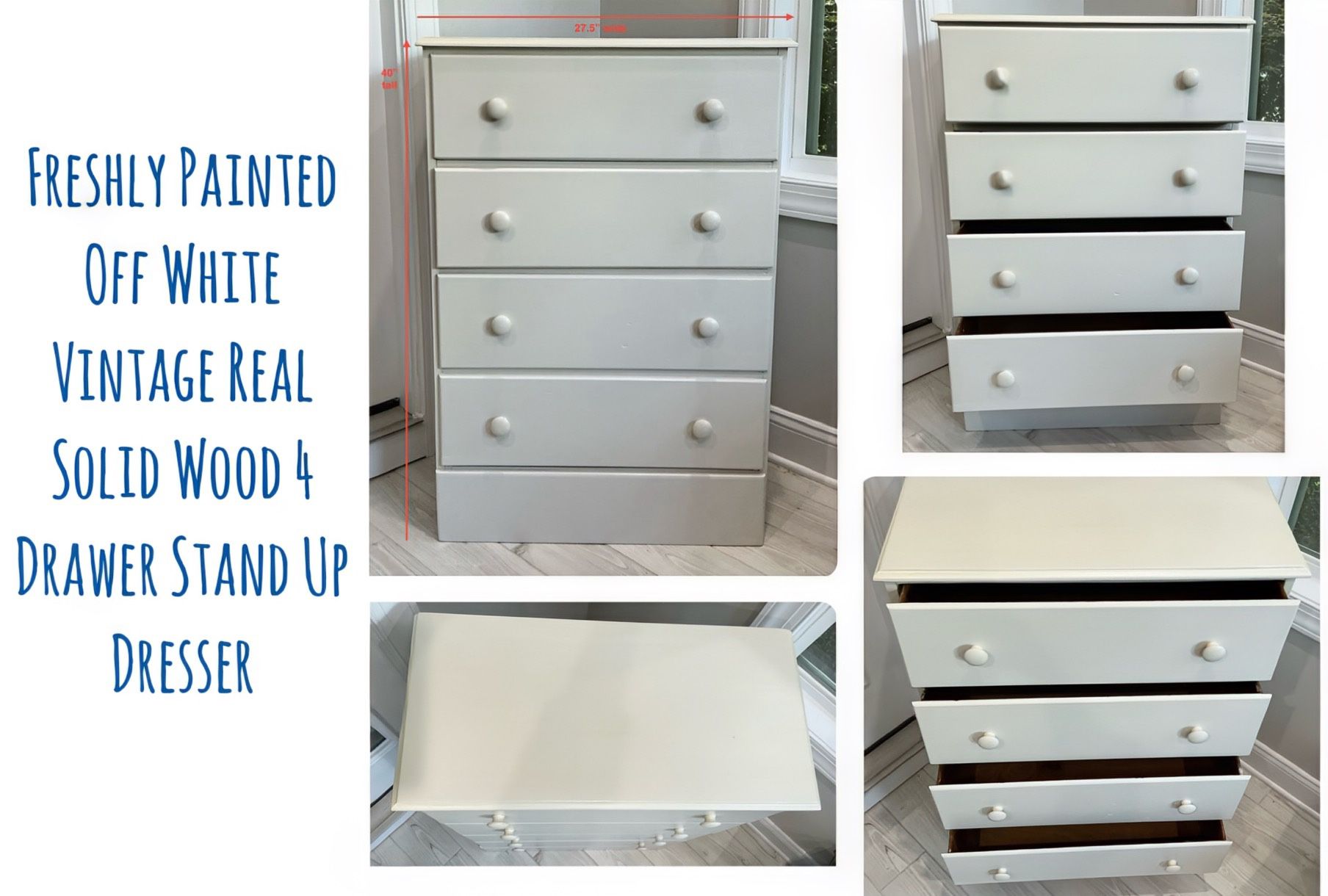 Freshly Painted Off White Vintage Real Solid Wood 4 Drawer Stand Up Dresser
