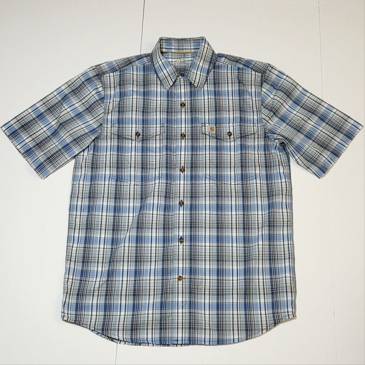 CARHARTT Mens Force Relaxed Fit Short Sleeve Plaid Check Button Shirt Sz M Blue