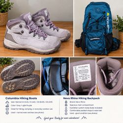 Columbia hiking boots pink and nevo rhino water pack