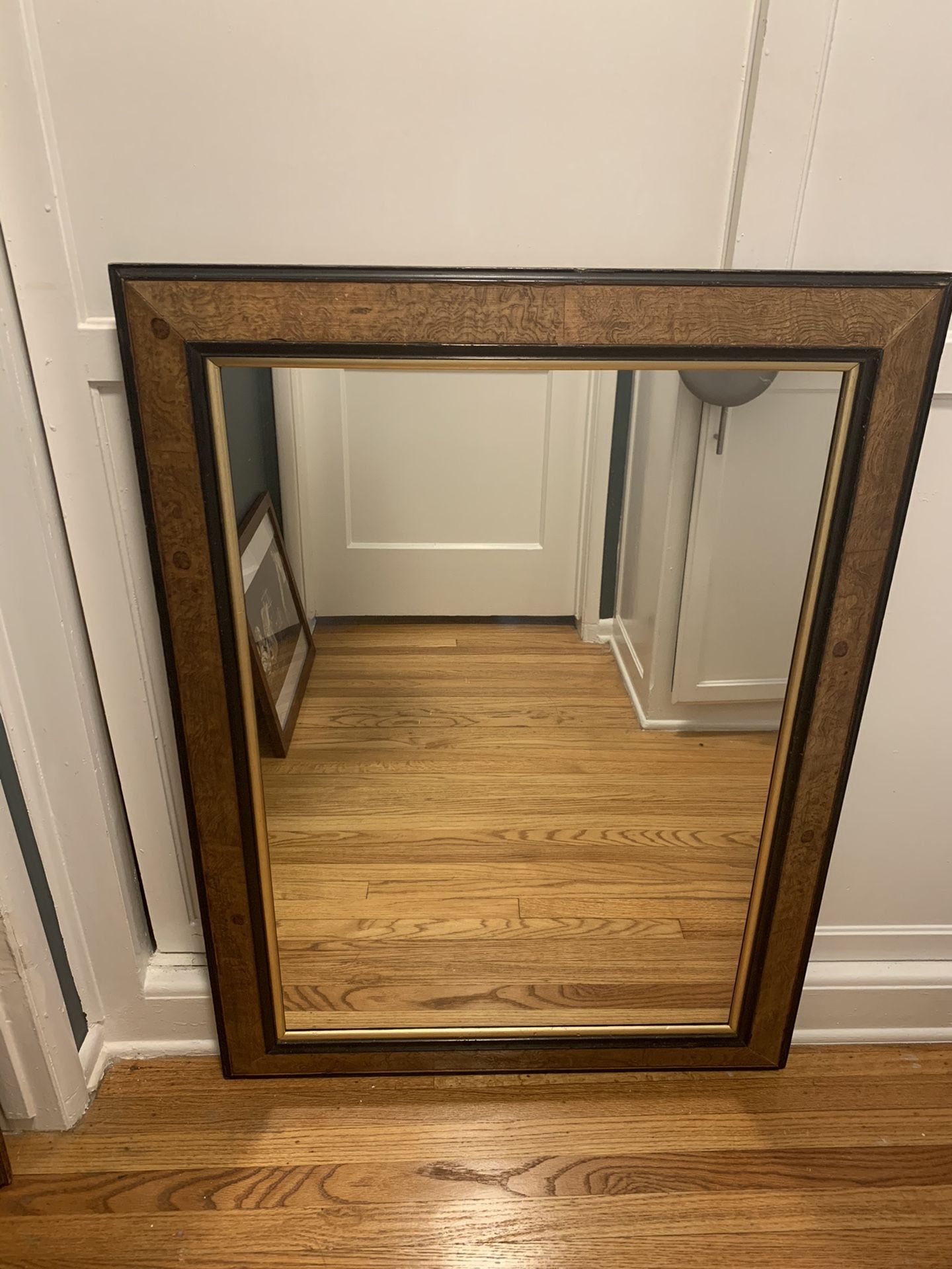 Large Burled Wood with black and gold trim mirror