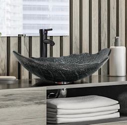 Bathroom Leaf Shape Artistic Glass Vessel Sink Free Black Faucet And Pop-Up Drain Set, Silver