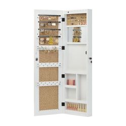 Solid Wood Jewelry Armoire Organizer Cabinet with Full-Length Mirror, 47.5x14.3 in Wall-Mounted Lockable with LED Light