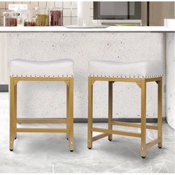 Bar Stools Set of 2, Counter Height Bar Stools for Kitchen Island, 24 Inch Modern White & Gold Saddle Backless Barstools, Counter Stool with Metal Bas