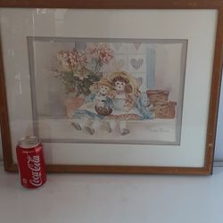 Vintage 86 Signed Barbara Mock Dolls, Bear Art Print Framed Matted Under Glass