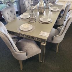 7pc Dining Set - Glam Mirrored Table With 6 Grey Tufted Chairs
