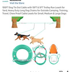 100FT Dog Tie Out Cable with 10FT & 5FT Trolley Run Leash for Yard, Heavy Duty Long Dog Chains for Outside Camping, Training, Travel, Chew Proof Cable