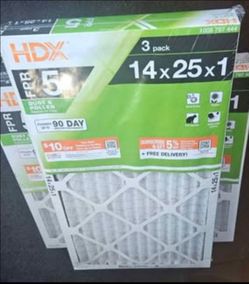 HDX FPR 5 Dust & Pollen Pleated air filters size 14x25x1, 3 filters in one pack. $12. One  pk left.