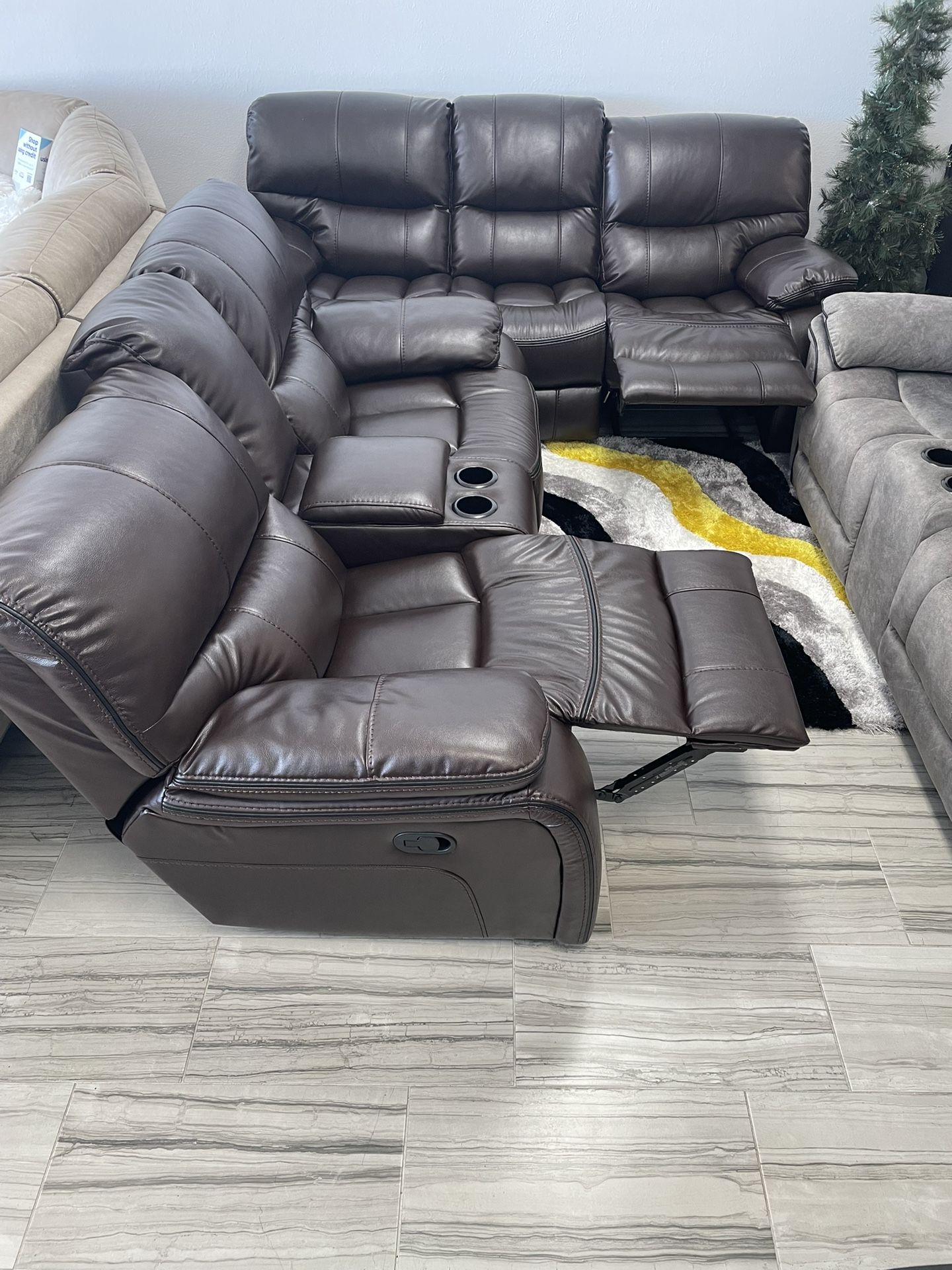 Summer sale event. Madrid brown leather reclining sofa and loveseat set now $1199. Easy finance option. Same-day delivery.