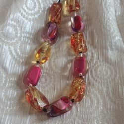 Chunky Resin Bead Statement Necklace – Retro Pink & Amber
