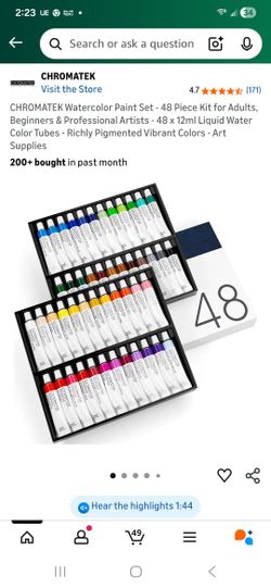 CHROMATEK Watercolor Paint Set - 48 Piece Kit for Adults, Beginners & Professional Artists - 48 x 12ml Liquid Water Color Tubes - Richly Pigmented Vib