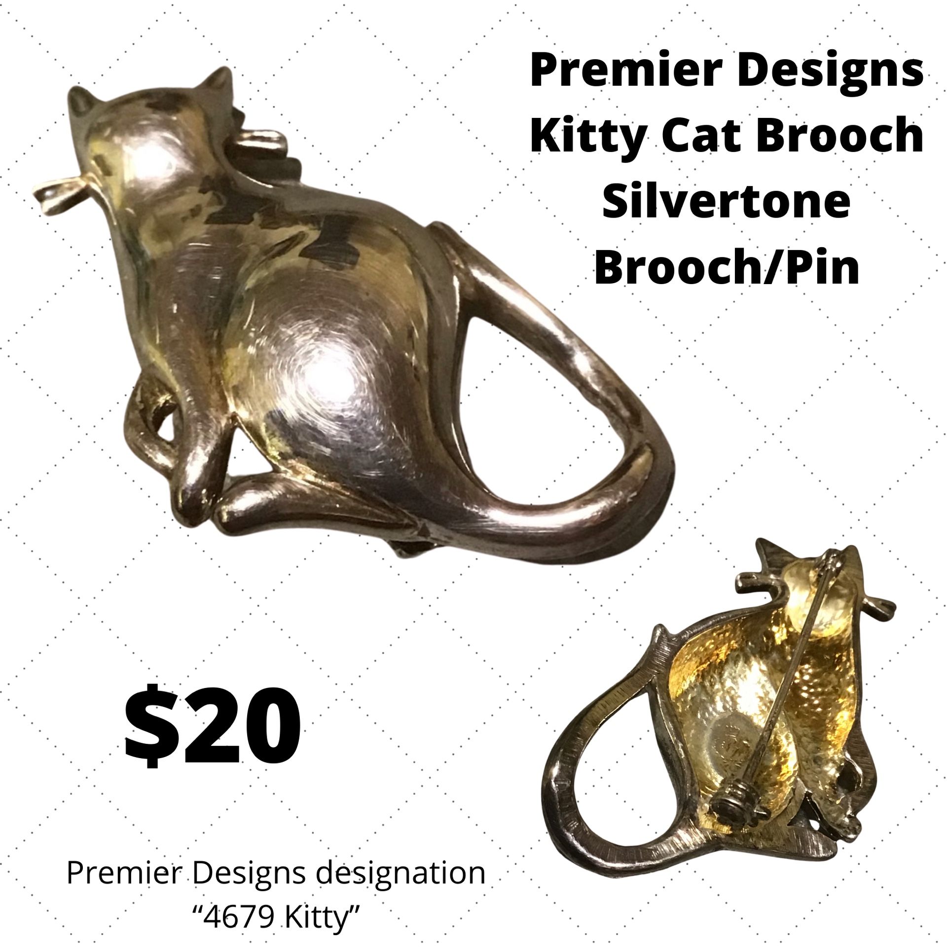 Premier Designs Kitty Cat Brooch Silvertone Brooch Pin (collectible )