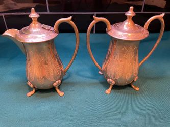 Vintage 2 piece solid brass engraved teapot and sugar