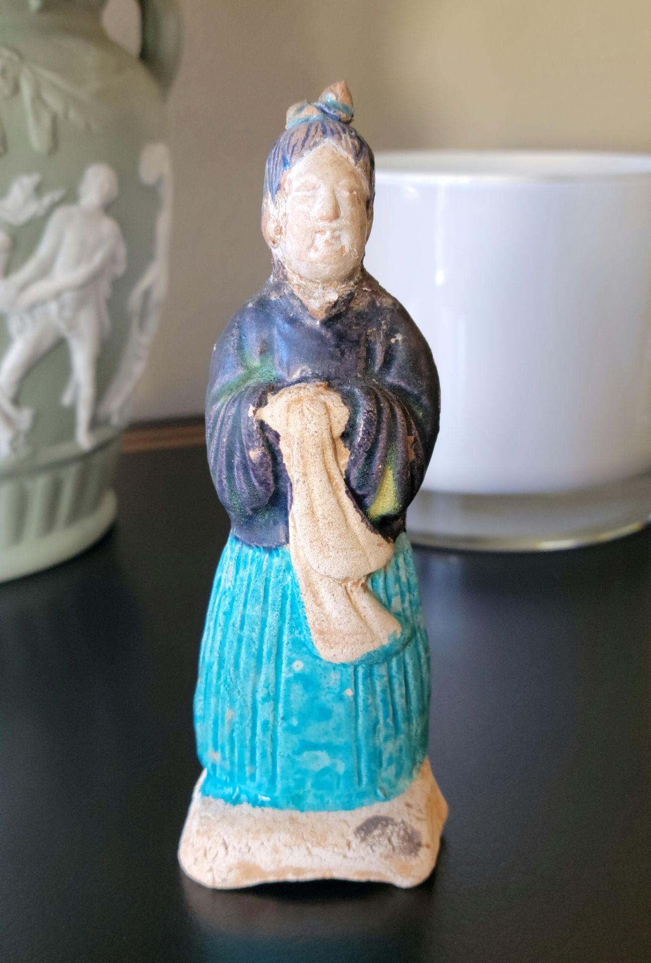 Antique Chinese Ming Dynasty Style Sancai Glazed Terracotta Attendant Figure 5.5"