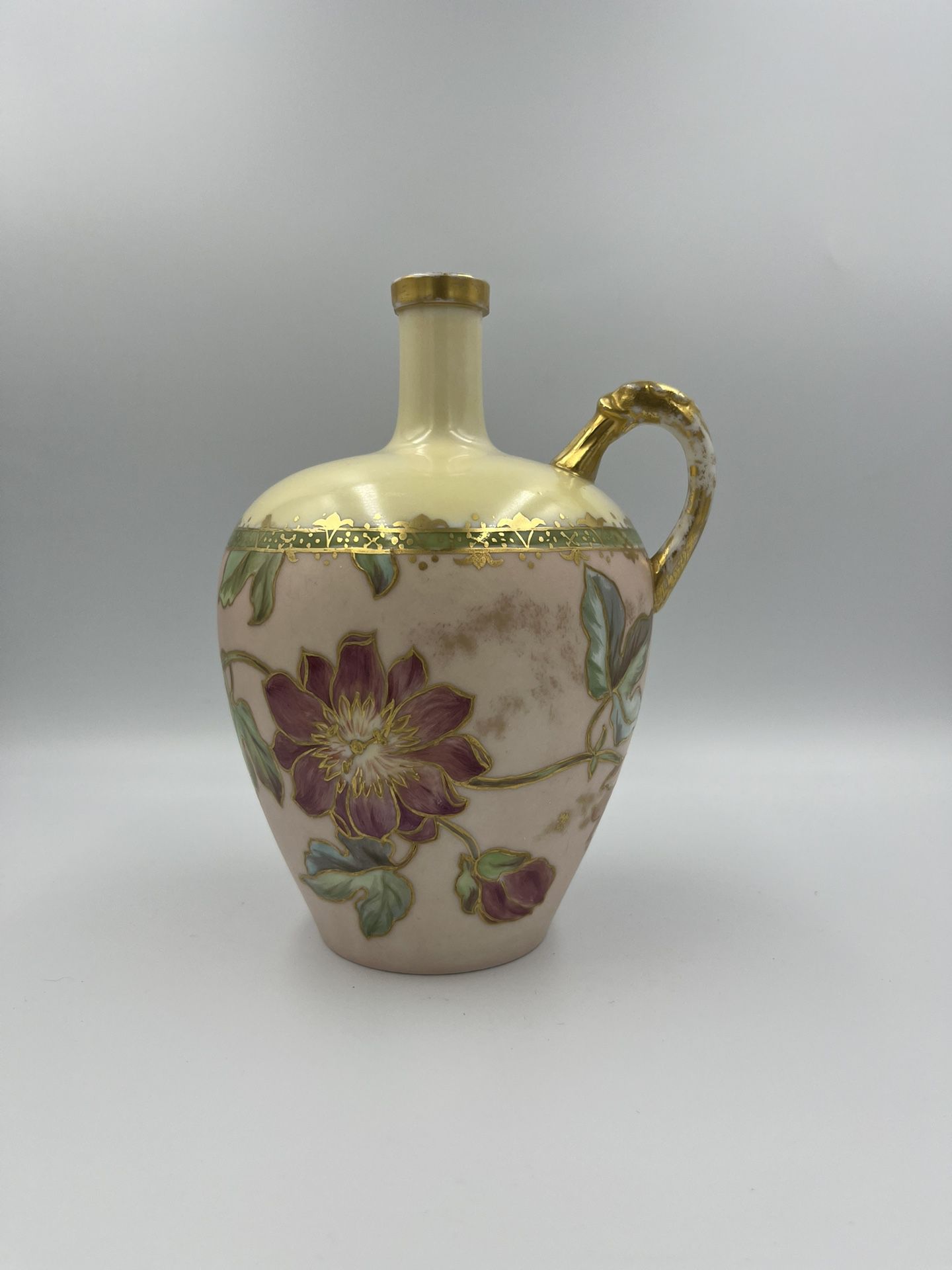 Vintage Rare Asian Gorgeous Bulbous  Hand Crafted Hand Painted Porcelain Floral Pitcher / Vase with Gold Gilt