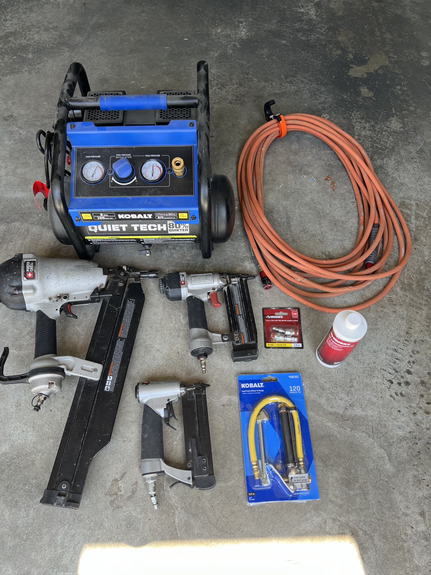 Kobalt Compressor, Porter Cable Pneumatic Nailers, 50ft. Rigid 1/4” Hose, And Accessories 