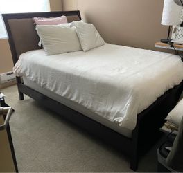 Used Dark Wood Full Bed Frame, mattress, boxspring, bedding and pillows
