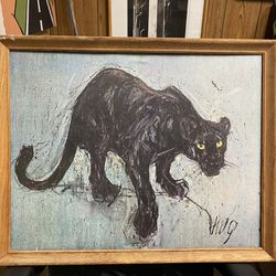 Framed Black Panther Painting Signed Hug ? Vintage Rare 1970s 70s