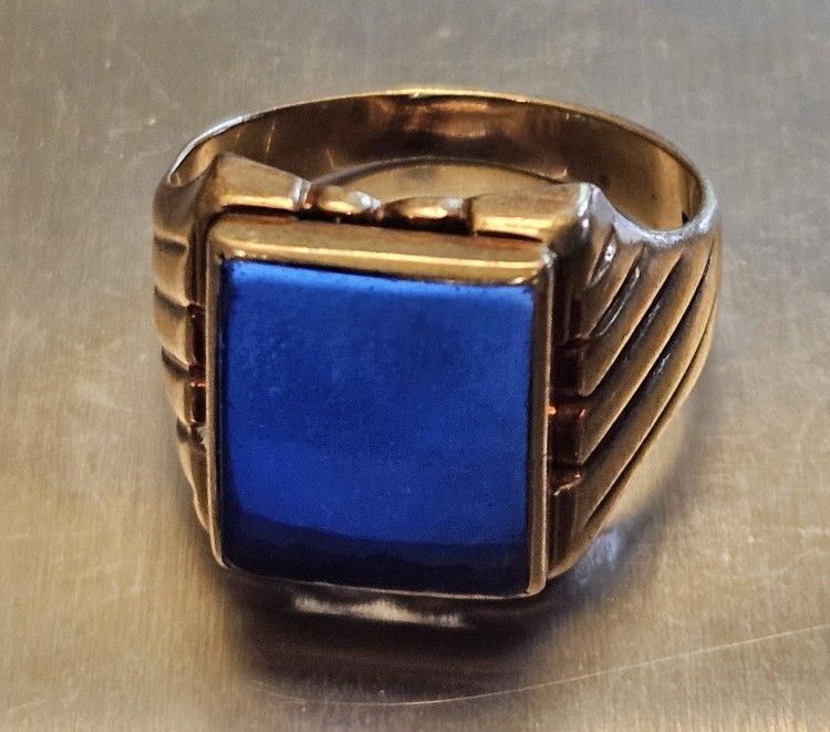 Vtg. Spinel Blue 10k Solid Yellow Gold Men's Ring 8.8 g. Size 11.25
