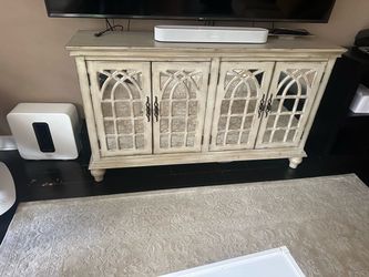 Distressed Cream Wood Console Cabinet with Mirror Doors