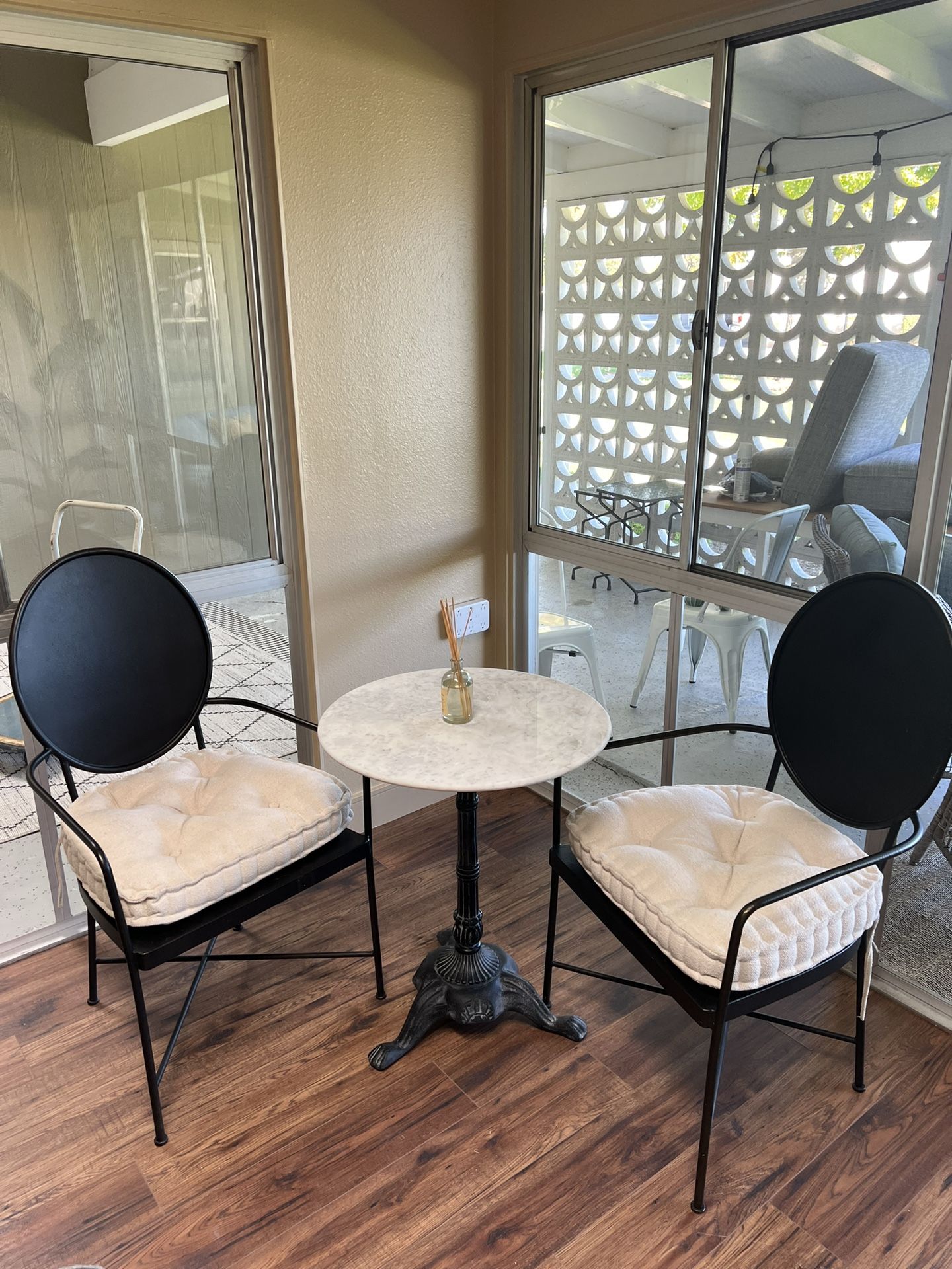 Marble Top Bistro Table And Two Iron Chair