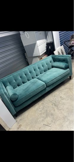 Teal Velvet Tufted Sofa with Bolster Pillows