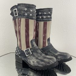 PENNY SUE Red White Blue Leather American Flag Studded Star Mid Calf Moto Boots