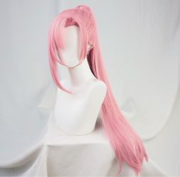 Wig Long Straight Pigtail Pink Ponytail