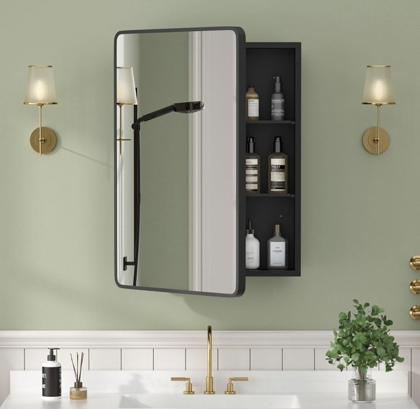 New 20×28 Black Medicine Cabinet with Mirror, Bathroom Medicine Cabinet with Mirror for Vanity Wall Mounted & Recessed with Cosmetics Storage Rack, 2 