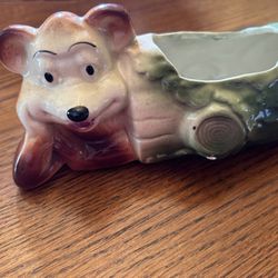 Vintage 1950's American Bisque Whimsy Bear in a Log Art Pottery Planter