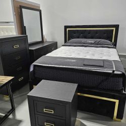 AP,🎉 Black/Gold Panel Upholstered Bedroom Set- 4-Piece (Bed, Dresser, Mirror, Nightstand) Fast Delivery & Financing Available 