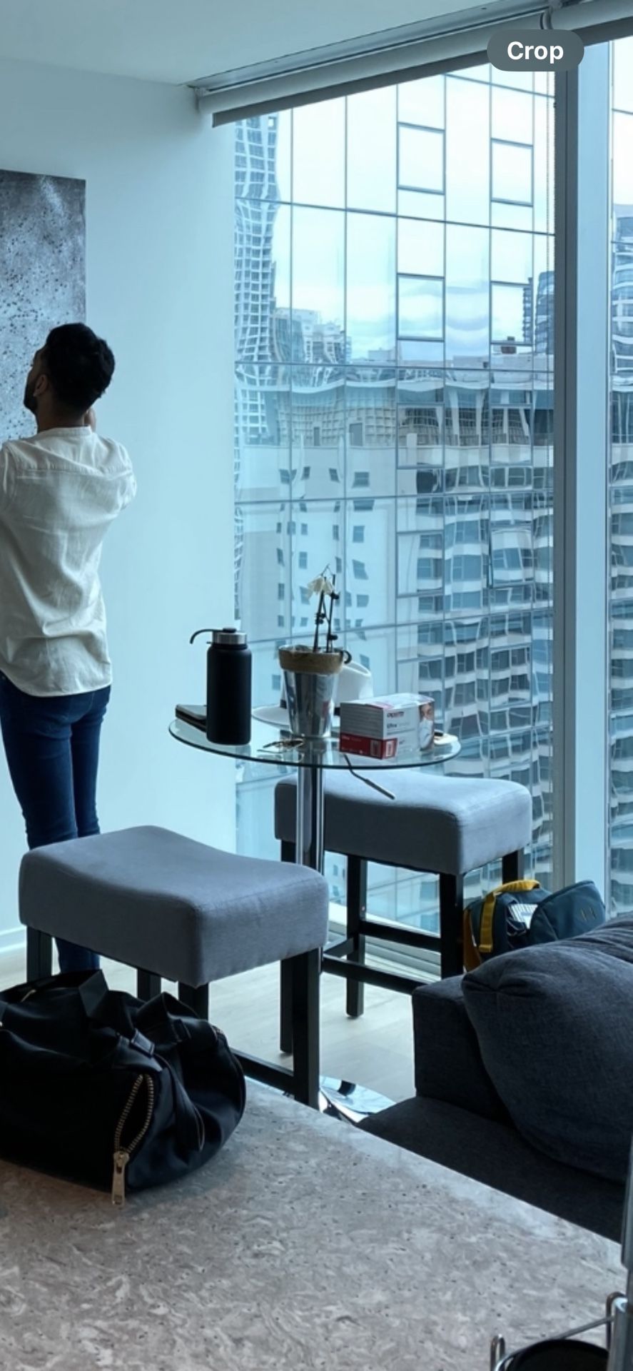Glass Bar Table With 2 Gray Bar Stools