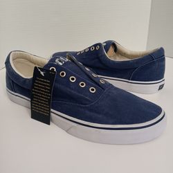 Size 13 Polo Ralph Lauren Men's Keaton Laceless Blue Washed Canvas Casual Sneaker Shoes